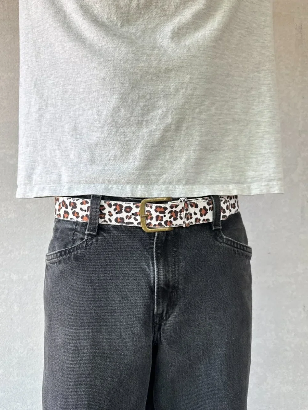 White Cheetah Leopard Faux Pony Hair Belt Brass Buckle